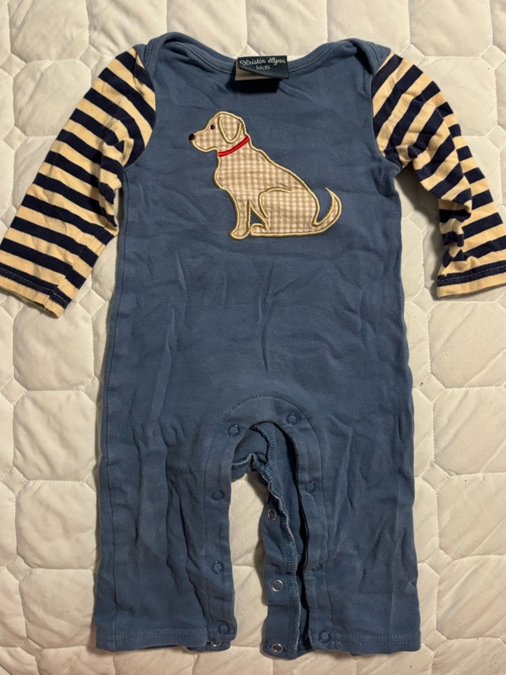 Dior Navy Blue One-Piece Bodysuit with Striped Cream Sleeves